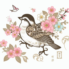 bird on a branch with flowers