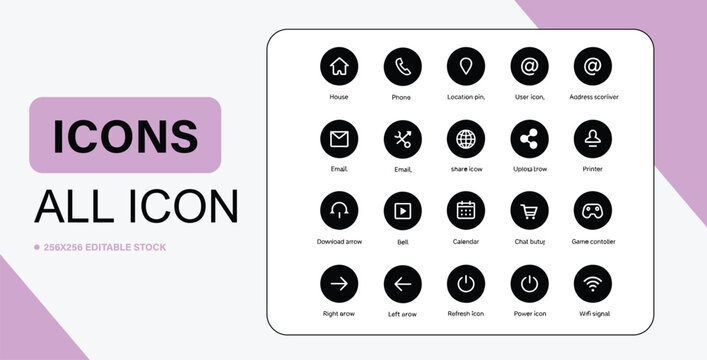 Collection of 256x256 Editable Stock Icons for Various Applications