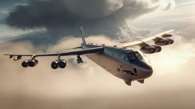Silver Gray Strategic Bomber Flying Above Cloudy Sky In Dramatic Light With Mushroom Cloud In The Background Military Air Force Defense System
