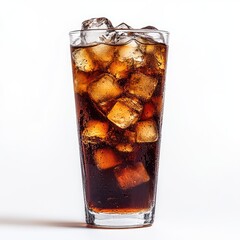 A tall, clear glass filled with a dark brown soda and ice cubes