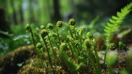 A close up of green fern sprouts unfurling in a lush forest environment on a mossy surface view