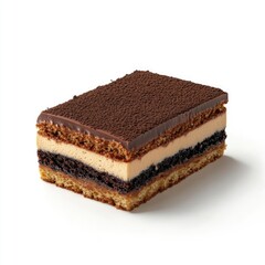 Chocolate, caramel, and coffee layered cake slice