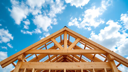 Wooden Roof Truss Construction Under Blue Sky