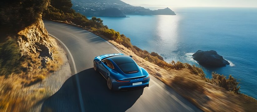 Modern blue sport car is driving down a road near the ocean Traveling background AI Generated