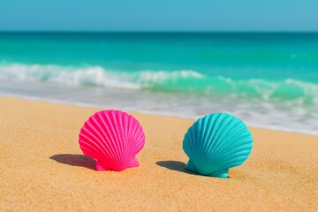 Colorful Beach Toys on Sunny Coastal Sand during Tropical Summertime Vacation