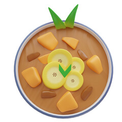A 3D illustration of Kolak, an Indonesian dessert made from bananas, sweet potatoes, and coconut milk, served in a bowl with syrup.
