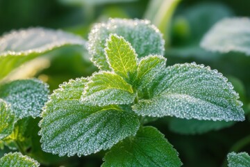 Fresh green mint leaves covered with sparkling droplets of dew in morning sunlight