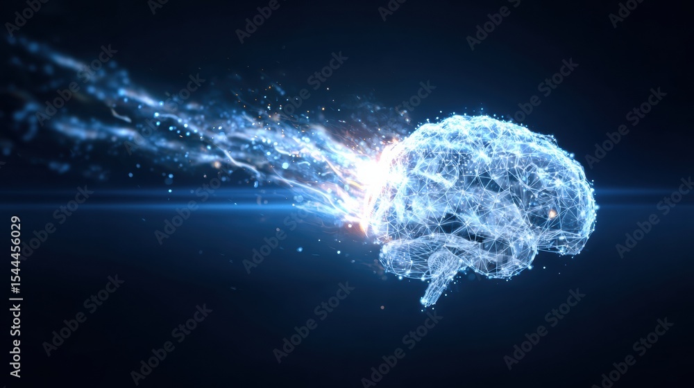 Aufkleber Digital Brain Burning Like Fuse in Cyber Blue Background With Sparks and Energy Flow Creating an Intense Visual Experience