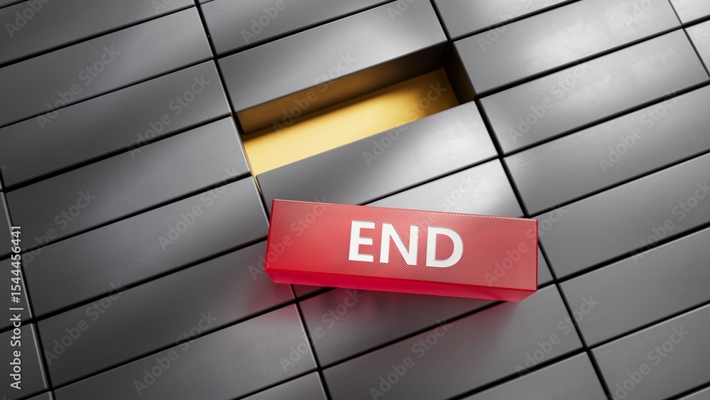 Poster end.metal blocks spelling.Flat lay view from above on metal blocks buttons.IT technology concept.3D rendering on red background.