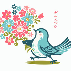 illustration of a bird carrying flowers