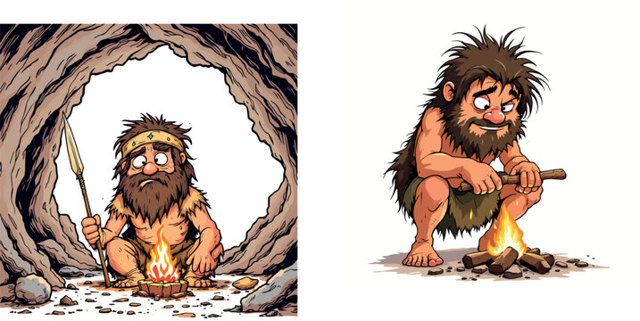 Vsai caveman making fire with sticks and keeping warm in cave