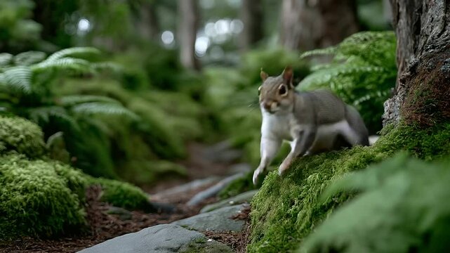 Serene woodland path with ferns and moss, featuring a curious squirrel