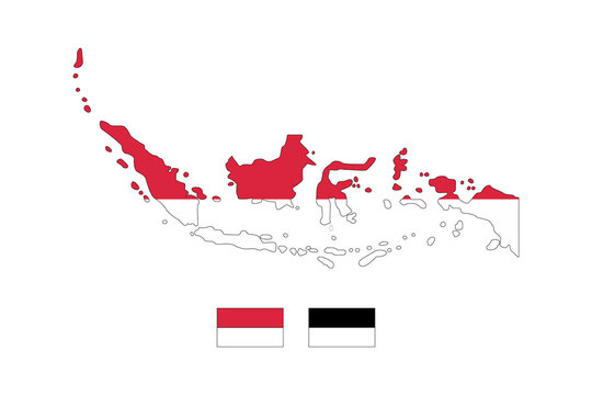 Indonesia map with flag overlays detailed archipelago map. Suitable for educational materials, travel brochures, and patriotic designs.