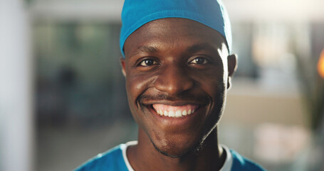 Portrait, doctor and man with smile, hospital or happy for success of surgery, confident and...