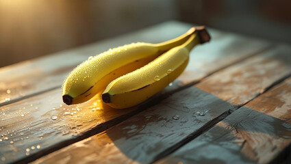 Fresh Dewy Bananas on Rustic Wood