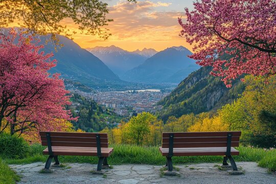 Two benches overlook a valley with a city, mountains, and sunset glow. Use for travel brochures, scenic views, or peaceful retirement promotion.