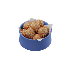 A 3D illustration of Onde Onde, a traditional Indonesian dessert made from glutinous rice flour, filled with sweet filling and coated in sesame seeds.