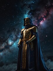 Celestial Sentinel – Cosmic Being in Ornate Gold Armor with Sapphire Glow