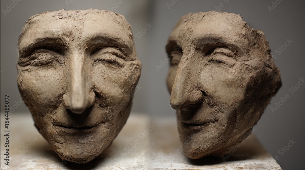Poster Blended Dual Expressions on a 3D Clay Face Showcasing Intricate Details and Unique Artistic Design