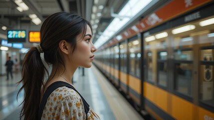 A woman in an airport stands transfixed, her gaze fixed on a train departing on its journey, evoking a sense of wanderlust and possibility