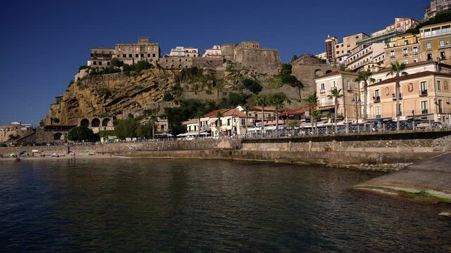 Pizzo Calabro cityscape with colorful buildings and Murat Castle perched on a cliff overlooking the Tyrrhenian Sea in Calabria, Southern Italy