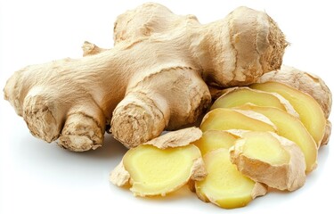 Fresh ginger root and slices against white background