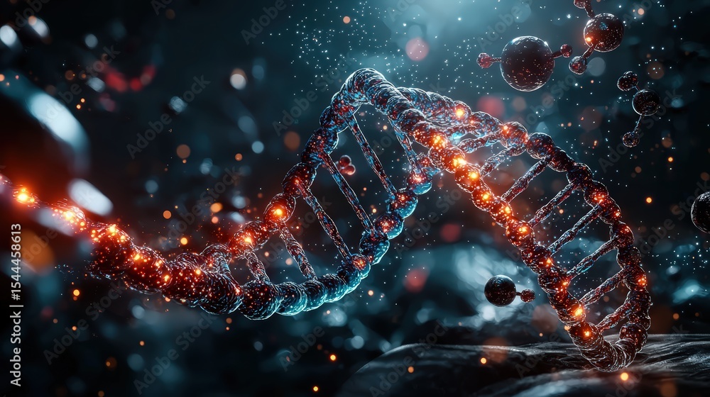 Poster exploring gene editing advances laboratory digital art futuristic close-up view innovative biotechno