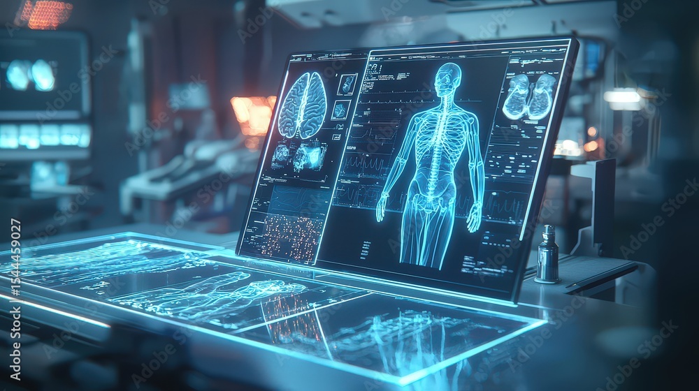 Poster futuristic lab showcases advanced scanner with glowing insights into human anatomy in high-tech visu