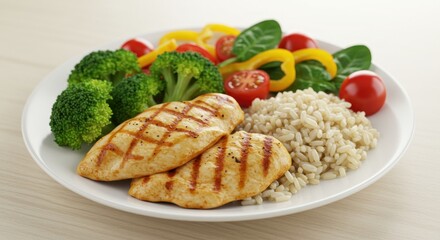 Healthy grilled chicken rice and veggies plate