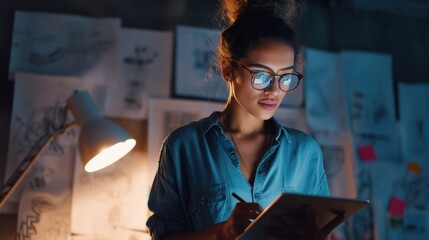 Young woman in glasses working late on a digital tablet in a creative studio with sketches on the wall and soft warm lighting.