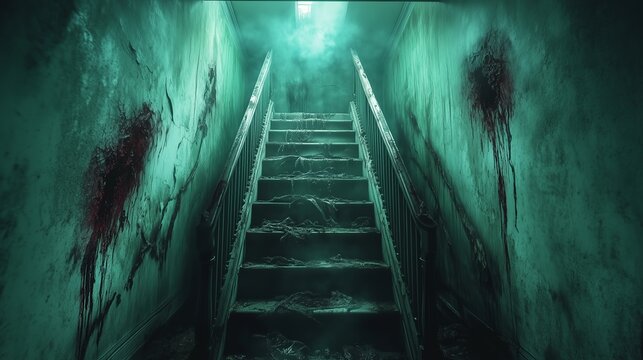 A dimly lit staircase in an eerie, abandoned setting, evoking mystery and suspense. The greenish tint adds to the unsettling atmosphere.
