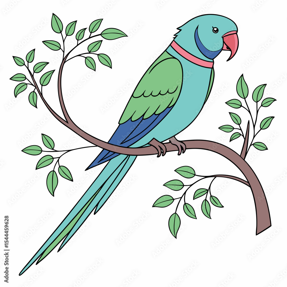Poster illustration of a colorful parrot perched on a tree branch with green leaves and a white background 