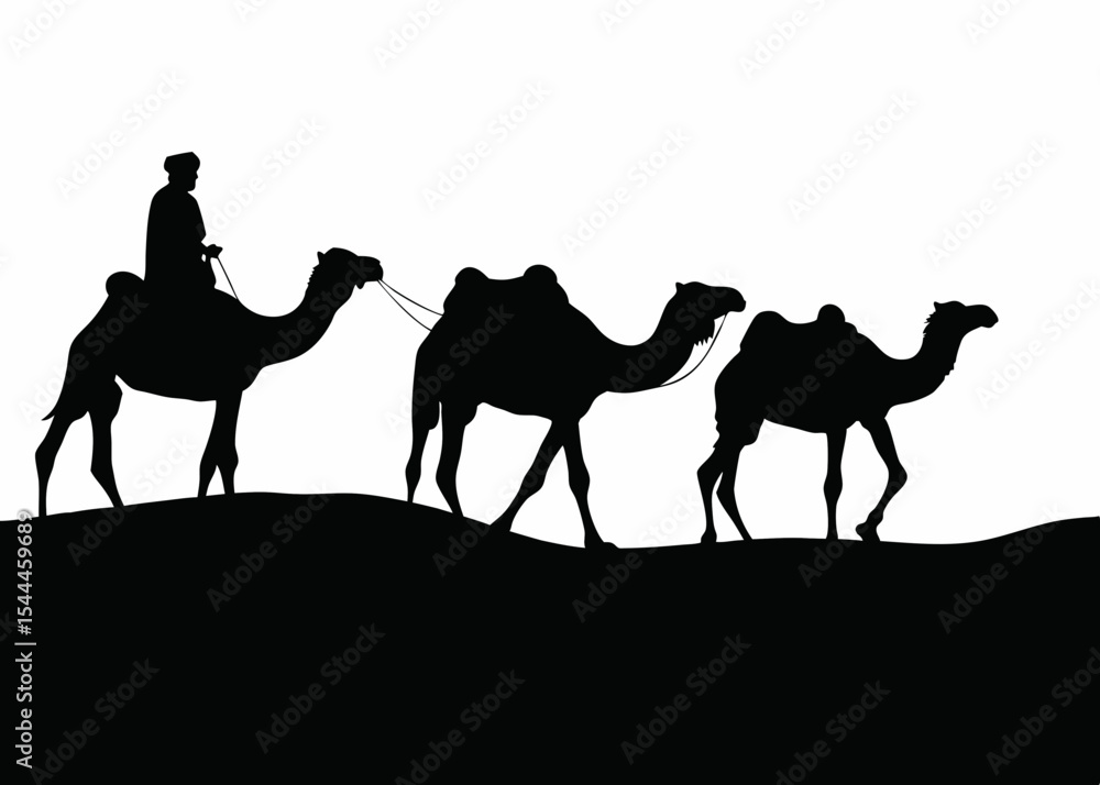 Poster silhouette of a caravan with three camels and a rider in the desert against a white background scene