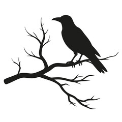 Fototapeta premium Silhouette of a crow perched on a bare branch with small twigs against a white background illustration created with generated ai