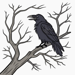 Obraz premium A raven perched on a bare branch surrounded by other bare branches in a stark illustration style created with generated ai