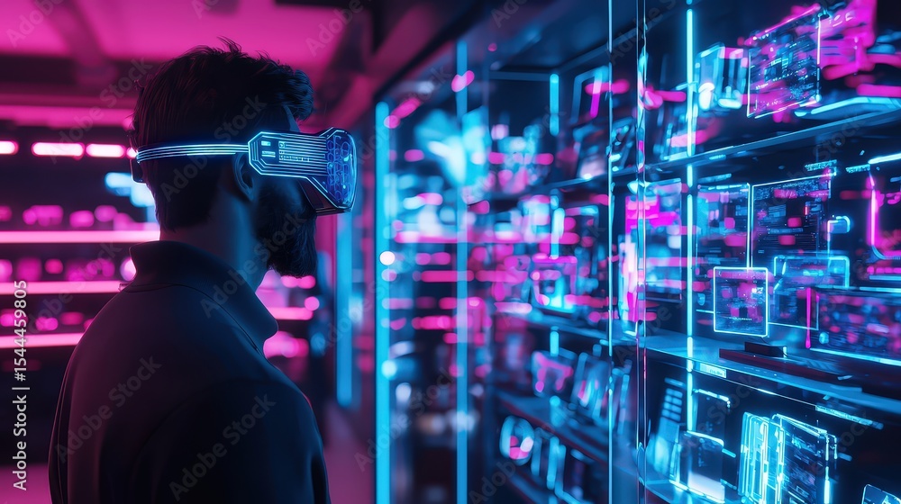 Aufkleber futuristic virtual reality showcase innovative tech in a neon environment from the user's perspectiv