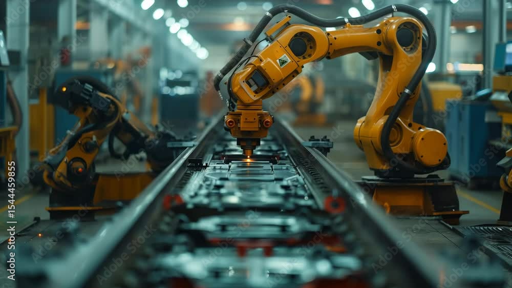 Poster industrial robots working on an assembly line in a modern factory