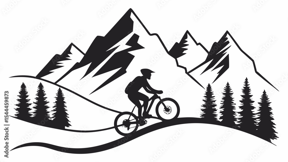 Poster silhouette of a mountain biker riding on a trail with mountains and trees in the background scenery 