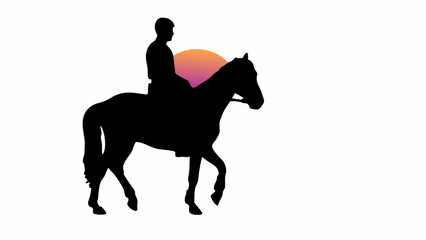 Silhouette of a horse and rider against a sunset with a gradient sky in the background view created with generated ai