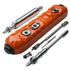 Automotive tools set orange handle metal parts for car repair and maintenance equipment on black background on transparent background