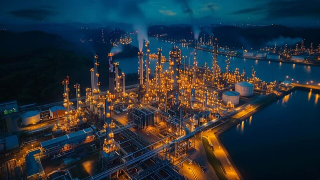 Aerial View of a Petrochemical Refinery Illuminated at Night