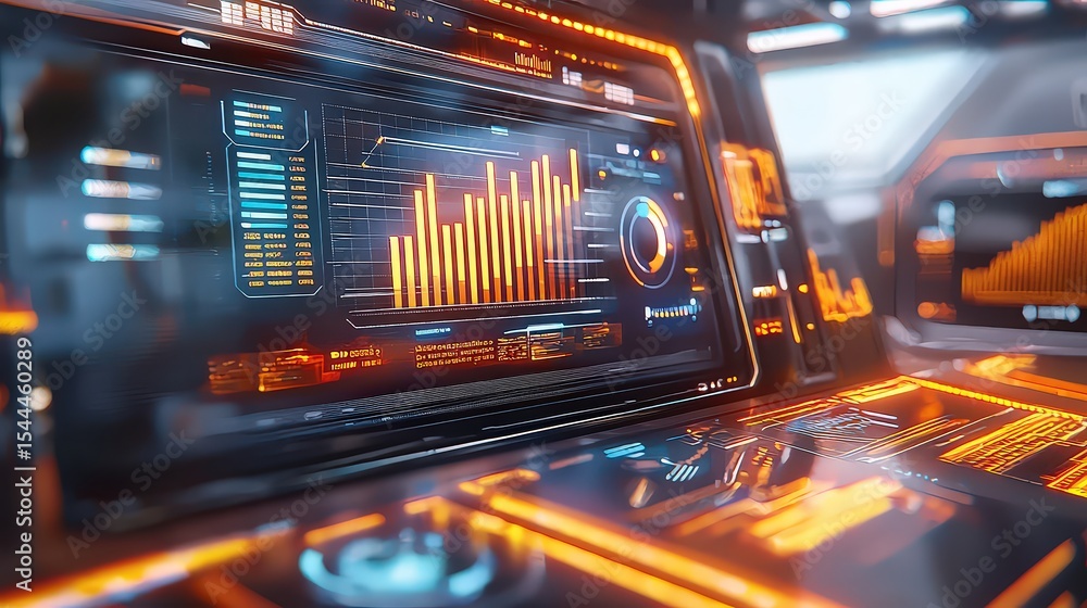 Poster Virtual office showcase futuristic business presentation featuring data analytics in a high-tech space