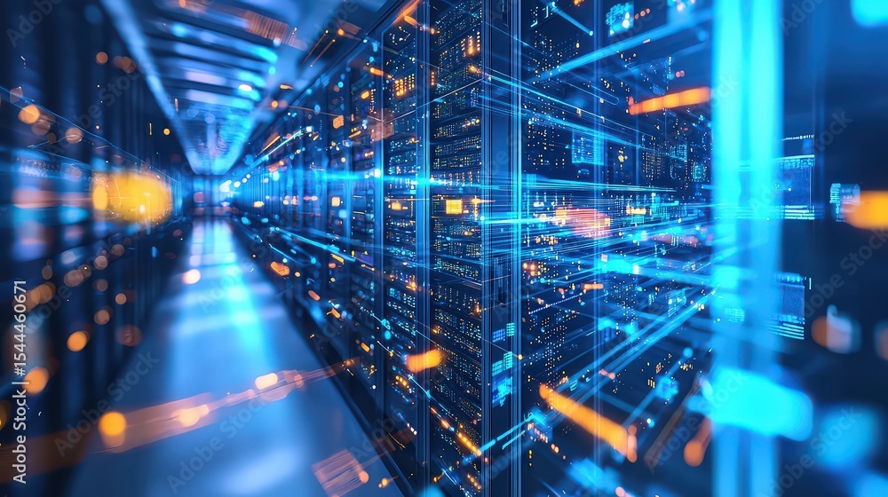 Poster Futuristic data center showcase insights on dynamic it infrastructure and high-tech visual content innovations