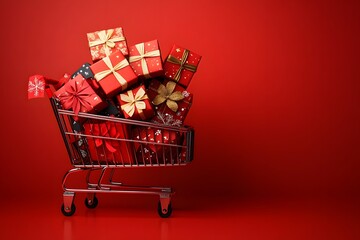 Shopping cart full of presents on red background with copy space AI Generated