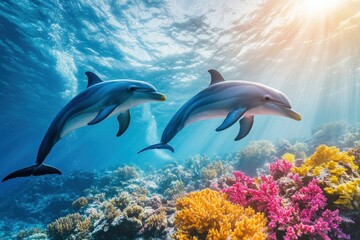 Fototapeta premium Two dolphins swim in crystal blue ocean water above a colorful coral reef. It showcases marine life for educational or environmental conservation themes.