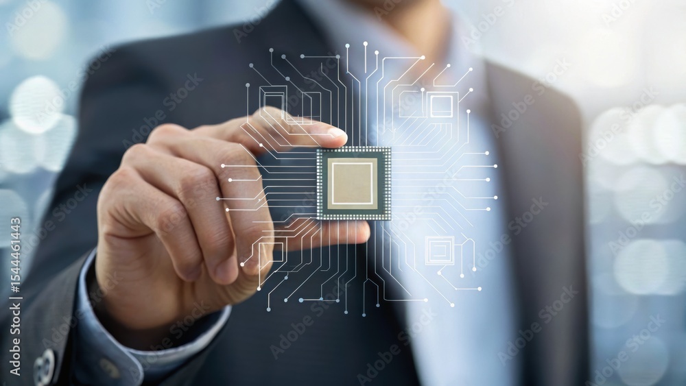Poster a business professional holds a microchip with digital circuit patterns, symbolizing innovation and 