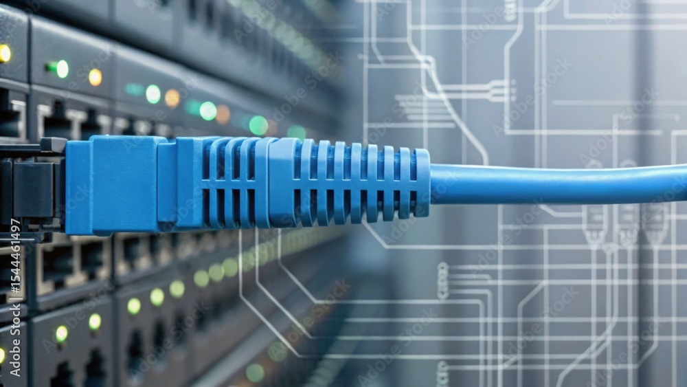 Poster close-up of a blue ethernet cable connected to a network switch, with circuit lines in the backgroun
