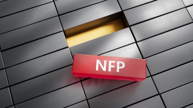 Word NFP. Wooden small metal blocks with letters with copy space available.close up of metal blocks,Business Concept.3D rendering on red background.