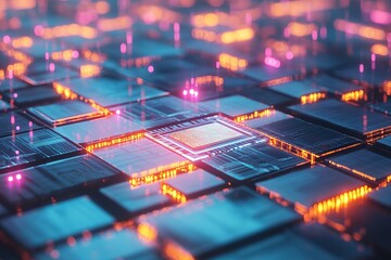 Glowing central processor in vibrant futuristic grid with neon pink and orange highlights representing AI and data technology