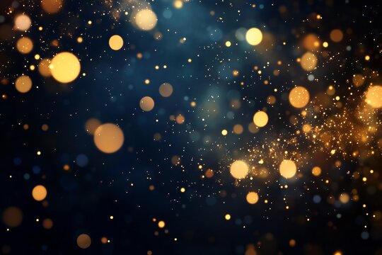 Golden glitter particles flowing in abstract motion with sparkling bokeh and festive luxurious atmosphere on dark background